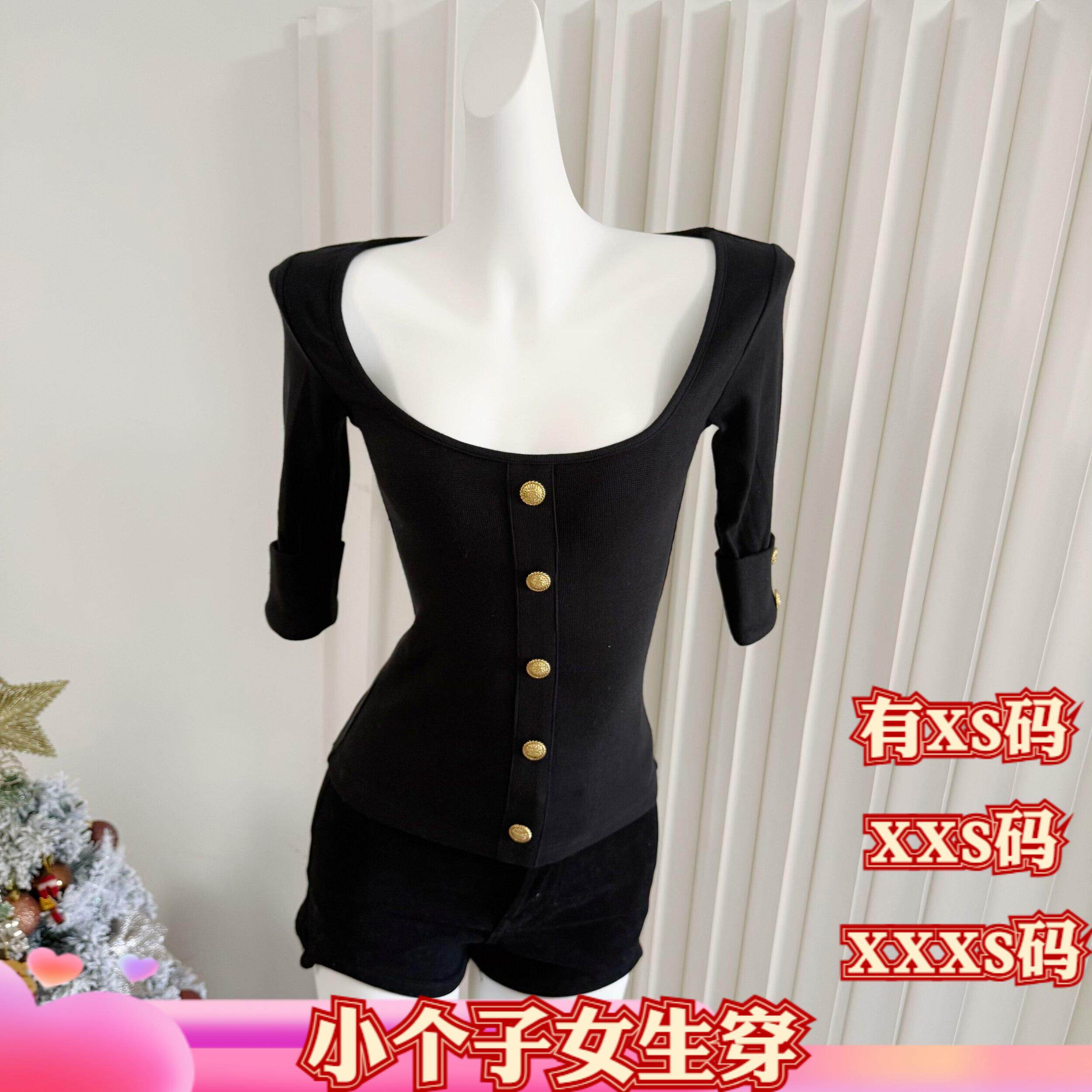 夏装155cm女装矮个子XXXS女生搭配大方领金扣五分袖短款女打底衫