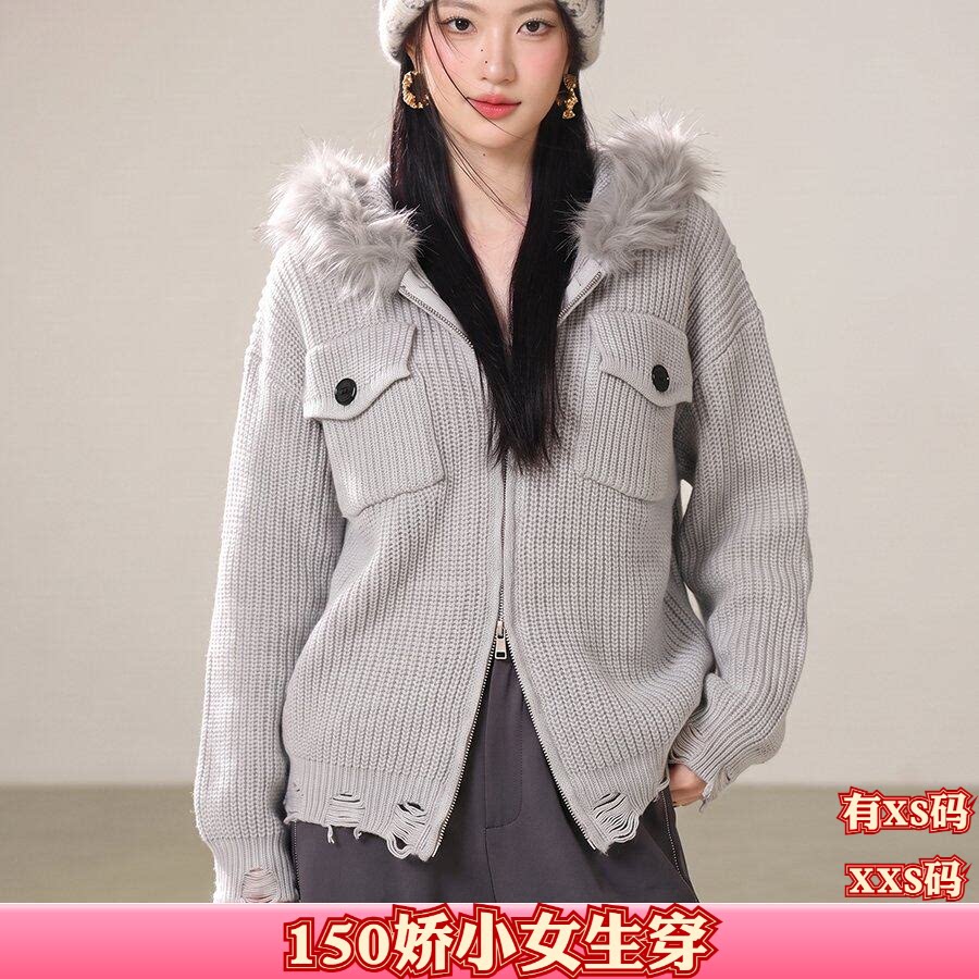 女装秋装150cm显高加小码矮个子XXS慵懒大毛领连帽针织衫毛衣外套