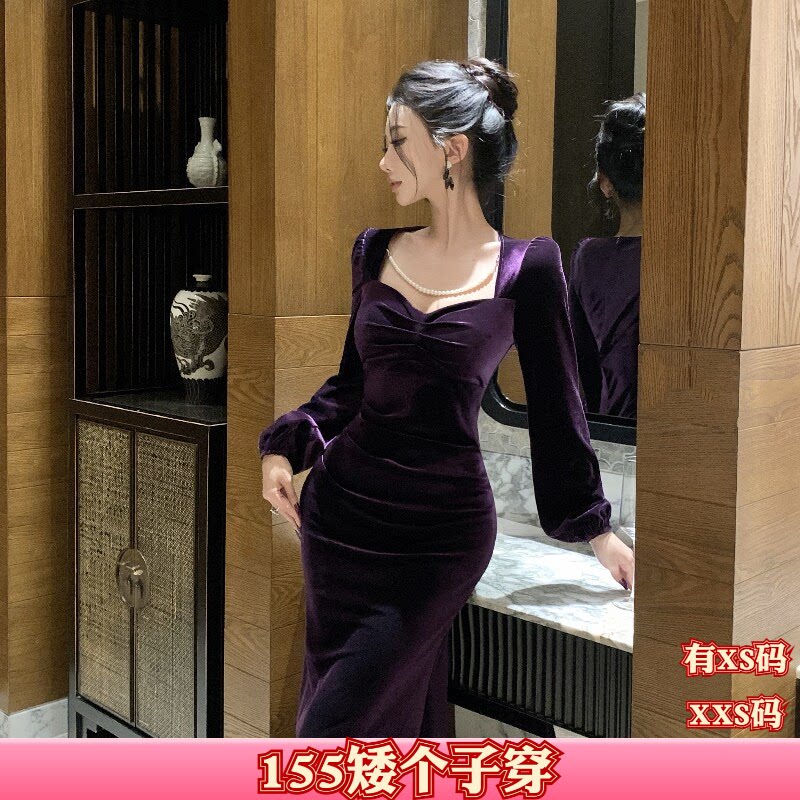 女装秋装150cm显高矮个子加小码XXS方领丝绒时尚百搭修身裙连衣裙