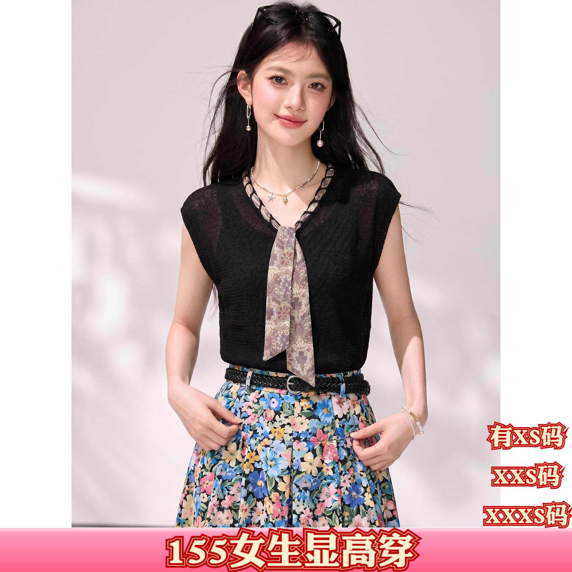 夏季女装加小码XXS小个子150cm显高V领丝巾短袖针织衫女时髦上衣