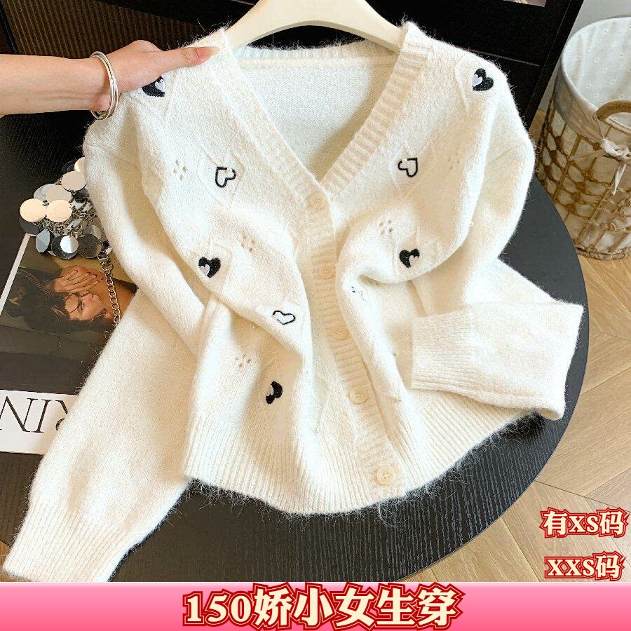 加小码150cm显高秋装女装矮个子XXS号V领毛衣外套女针织开衫上衣