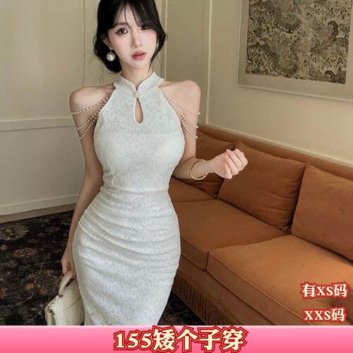 女装秋装加小码XXS小个子150cm新款旗袍连衣裙女无袖挂脖裙礼服裙
