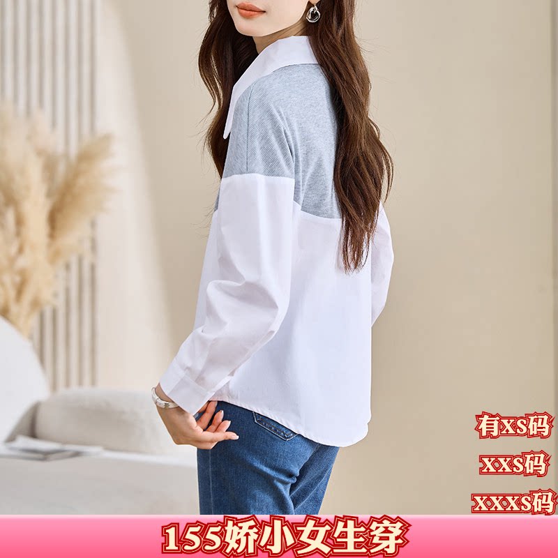 秋季女装矮个子显高150cm加小码XXXS翻领撞色雪纺衫开衫衬衫衬衣