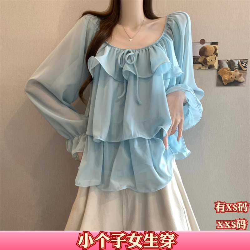 加小码XXS女装秋装矮个子150cm显高荷叶边系带雪纺衬衫打底衫上衣