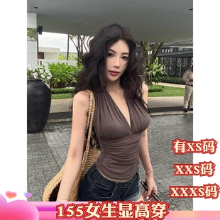 夏季矮个子娇小XXXS小个子155女装挂脖吊带背心V领抽褶女收腰网纱
