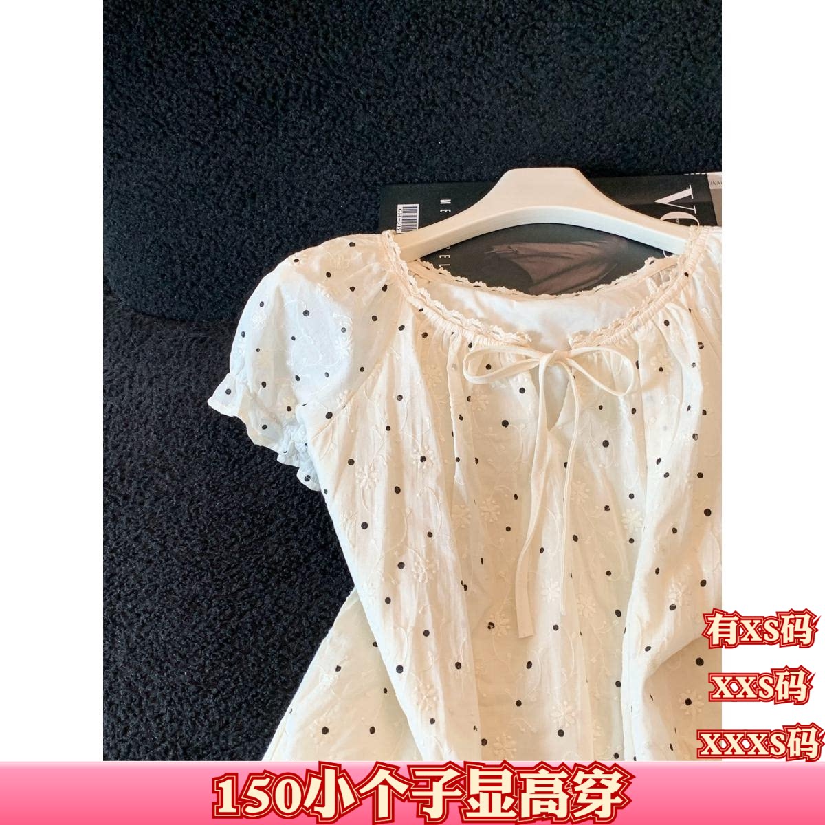 女装夏装矮个子显高加小码XXXS显高短袖衬衫女圆领系带蝴蝶结刺绣