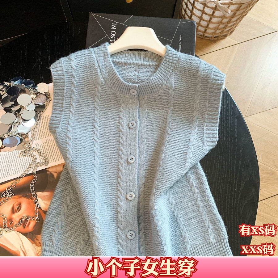 秋季155cm矮个子搭配XXS150女装针织马甲领纽扣无袖背心毛衣坎肩