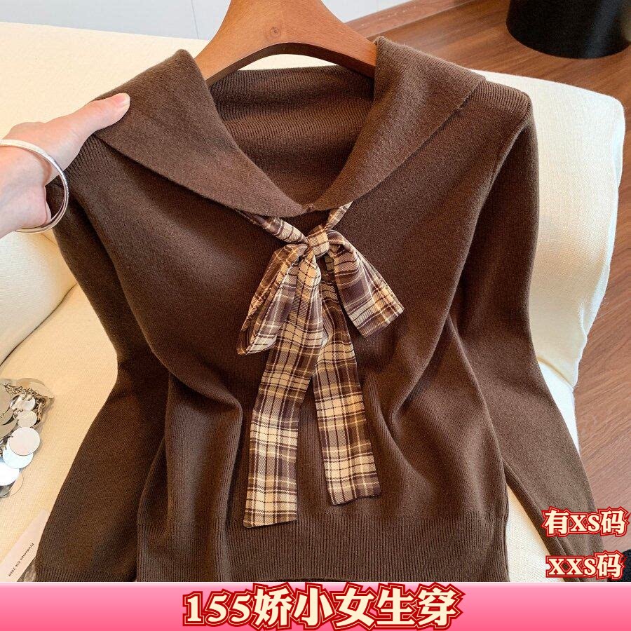 155cm小个子秋装女装矮个子XXS显高格纹蝴蝶结长袖针织衫女打底衫