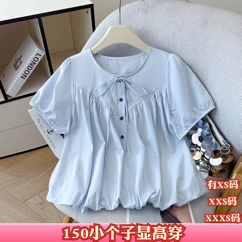 夏装女装矮小个子150cm新款XXS加小码圆领蝴蝶结系带短袖衬衫女
