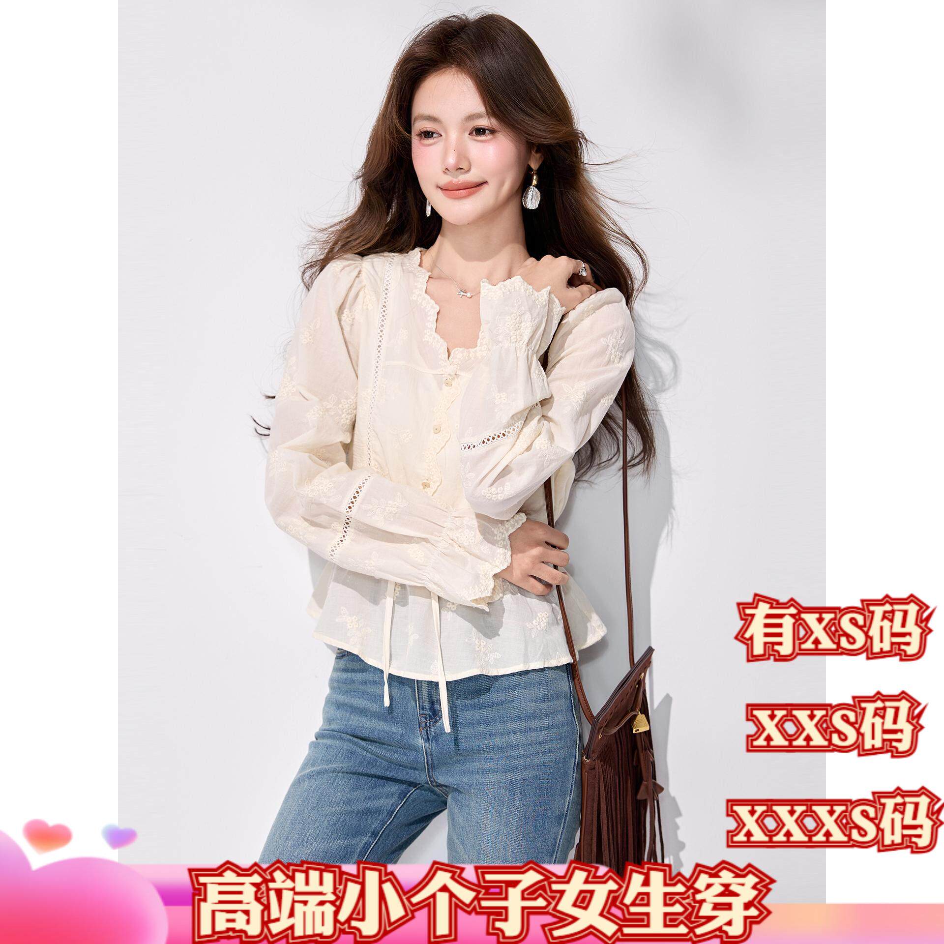 春季小个子女装150cm显高加小码XXXS蕾丝刺绣长袖衬衫V领收腰抽绳