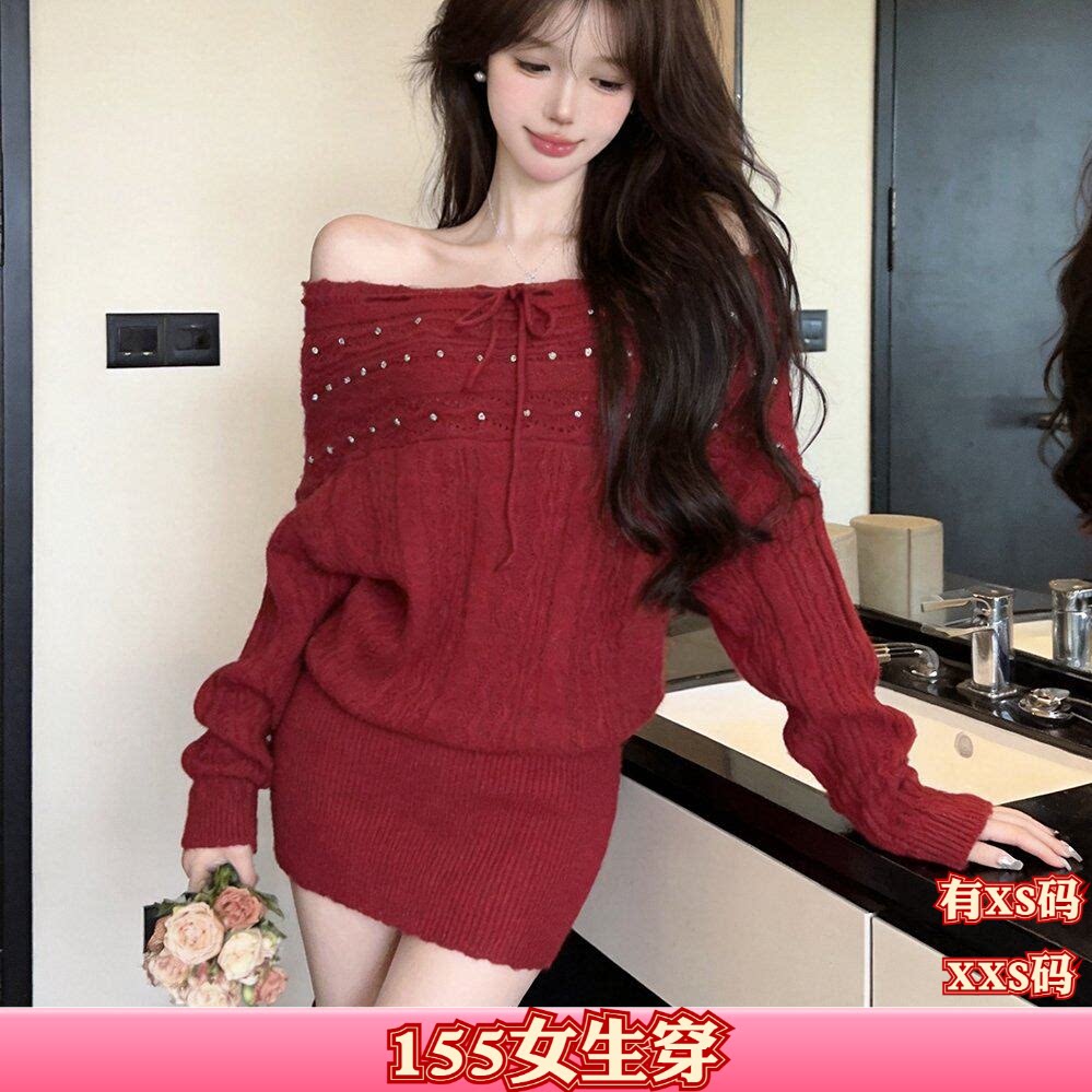 秋装女装矮个子150cm显高加小码XXS慵懒一字肩蝴蝶结系带连衣裙女