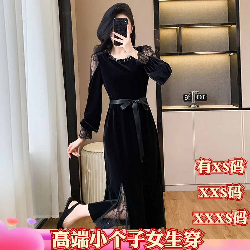 155小个子秋装150女装加小码XXXS丝绒裙网纱拼接钉珠丝绒连衣裙女