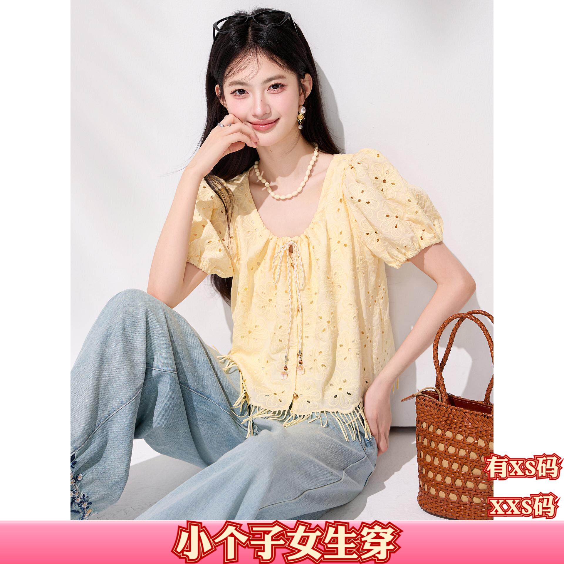 150cm显高女装夏装加小码XXS镂空绣花小衫短款流苏衬衫打底衫女