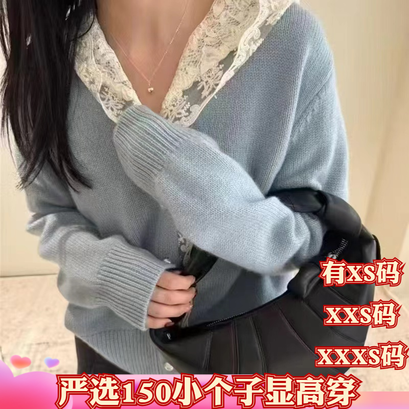 150cm矮个子女装冬季XXXS女装155撞色蕾丝连帽针织开衫女毛衣长袖