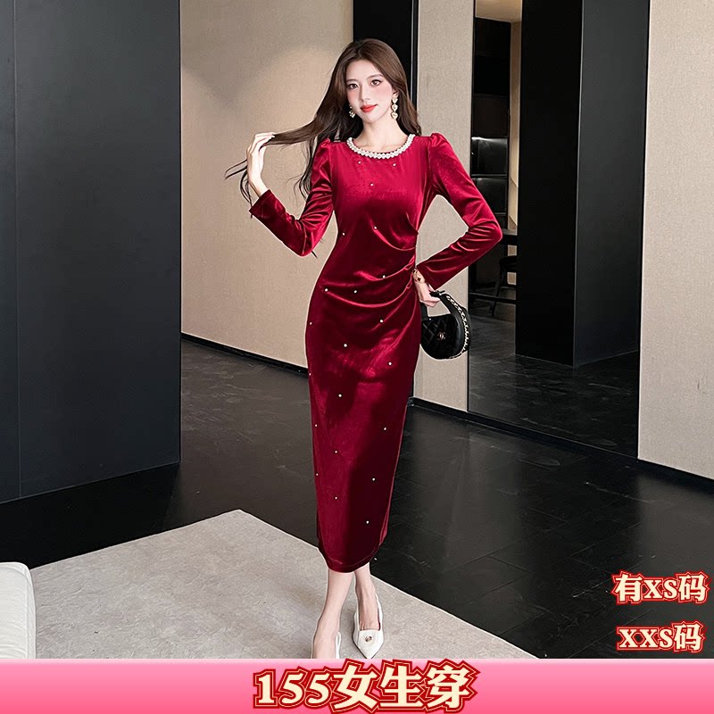 加小码女装秋装150cm小个子新款XXS丝绒长袖时尚百搭女包臀连衣裙