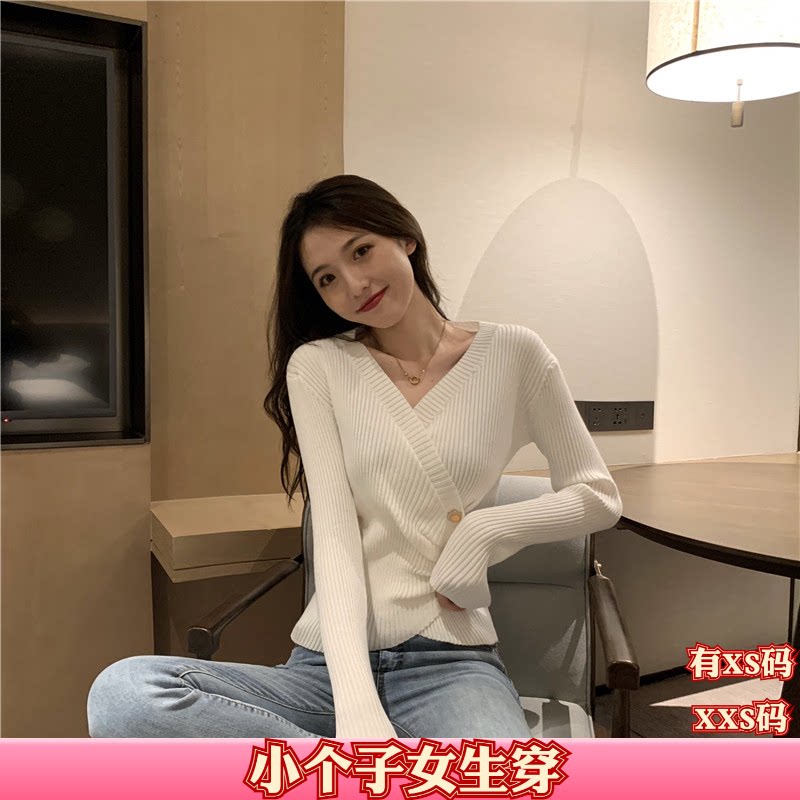 加小码小个子秋装女装150cm显高XXS不规则针织衫长袖V领打底衫女
