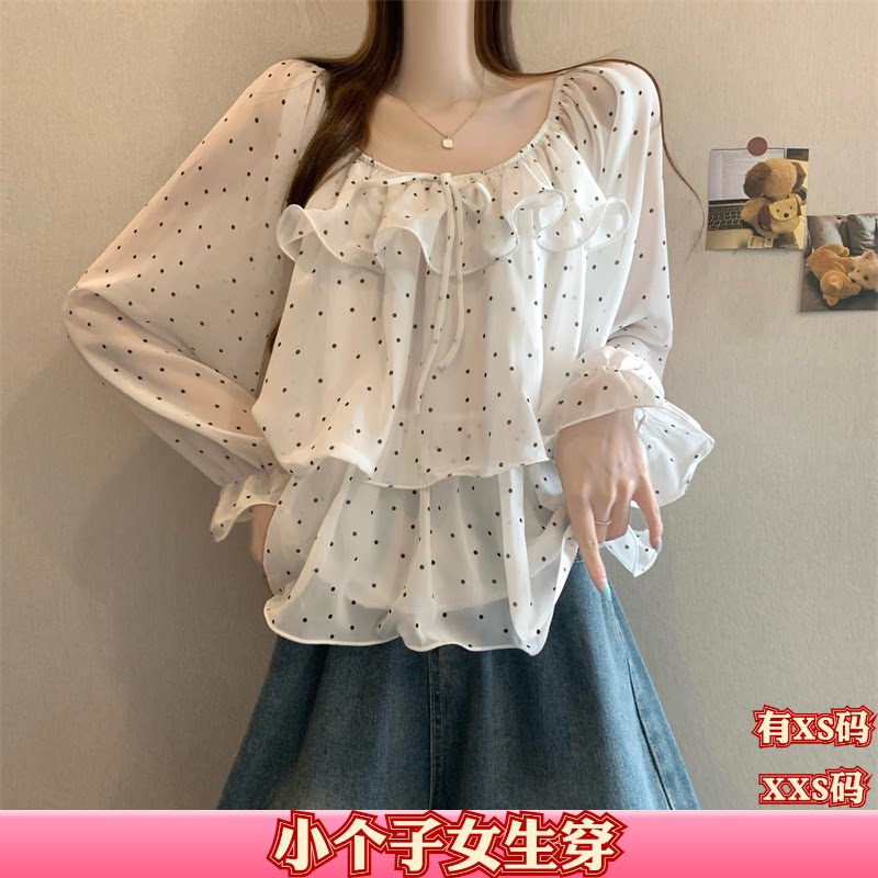 秋装加小码XXS女装小个子150cm显高波点荷叶边系带雪纺衬衫打底衫