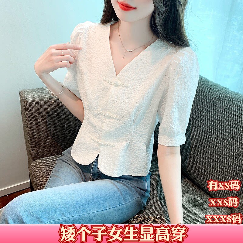 夏装矮个子加小码女装XXS150cm显高旗袍盘扣V领泡泡袖衬衫女短款
