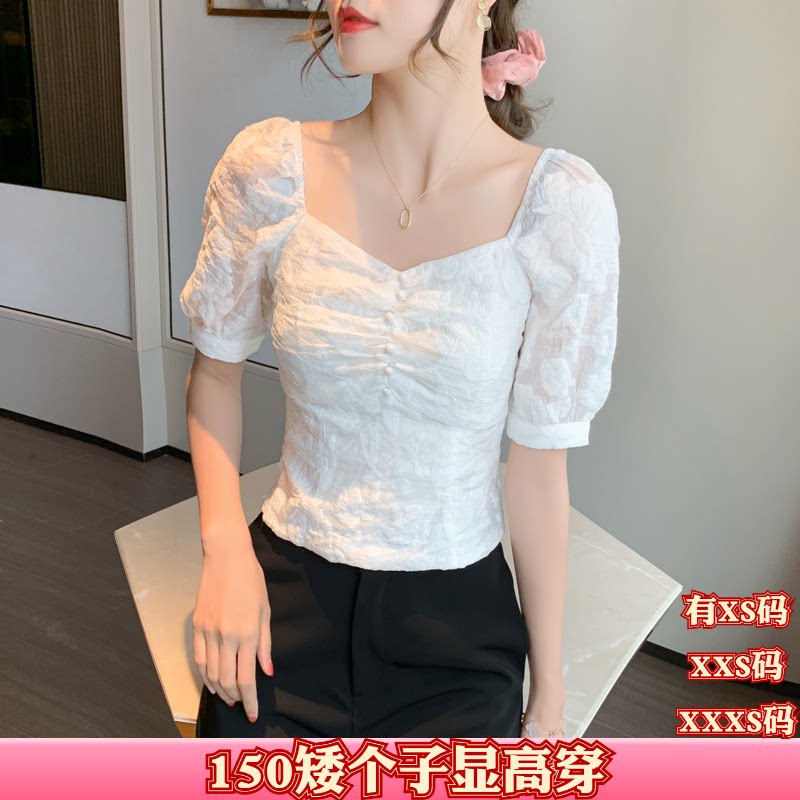 夏装加小码XXS矮个子150cm显高女装方领女雪纺衫锁骨衬衫蕾丝衫