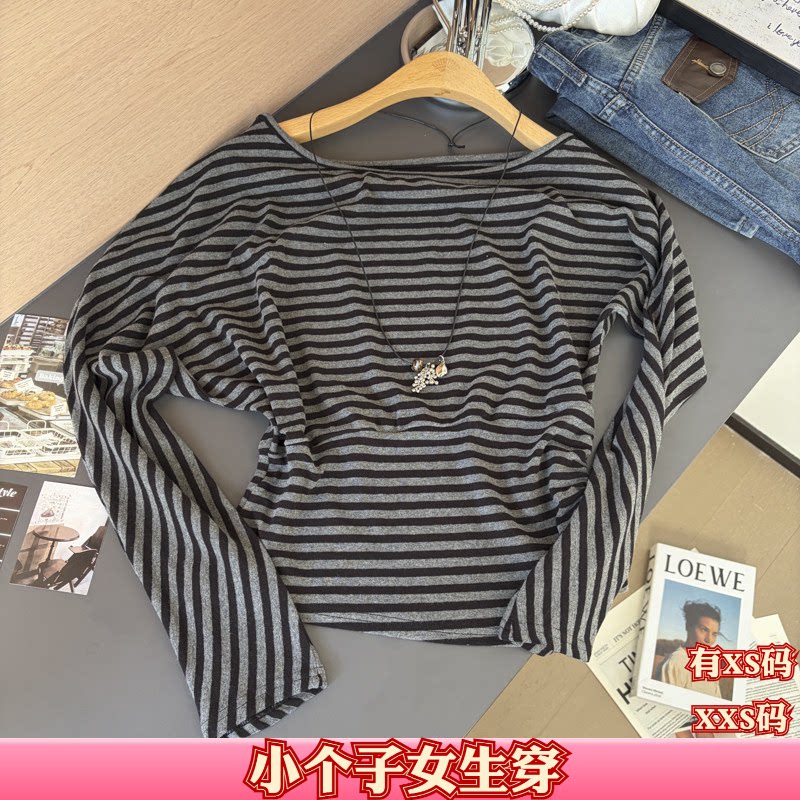 秋装150cm155小个子显高XXS女装一字领长袖T恤不对称配项链上衣