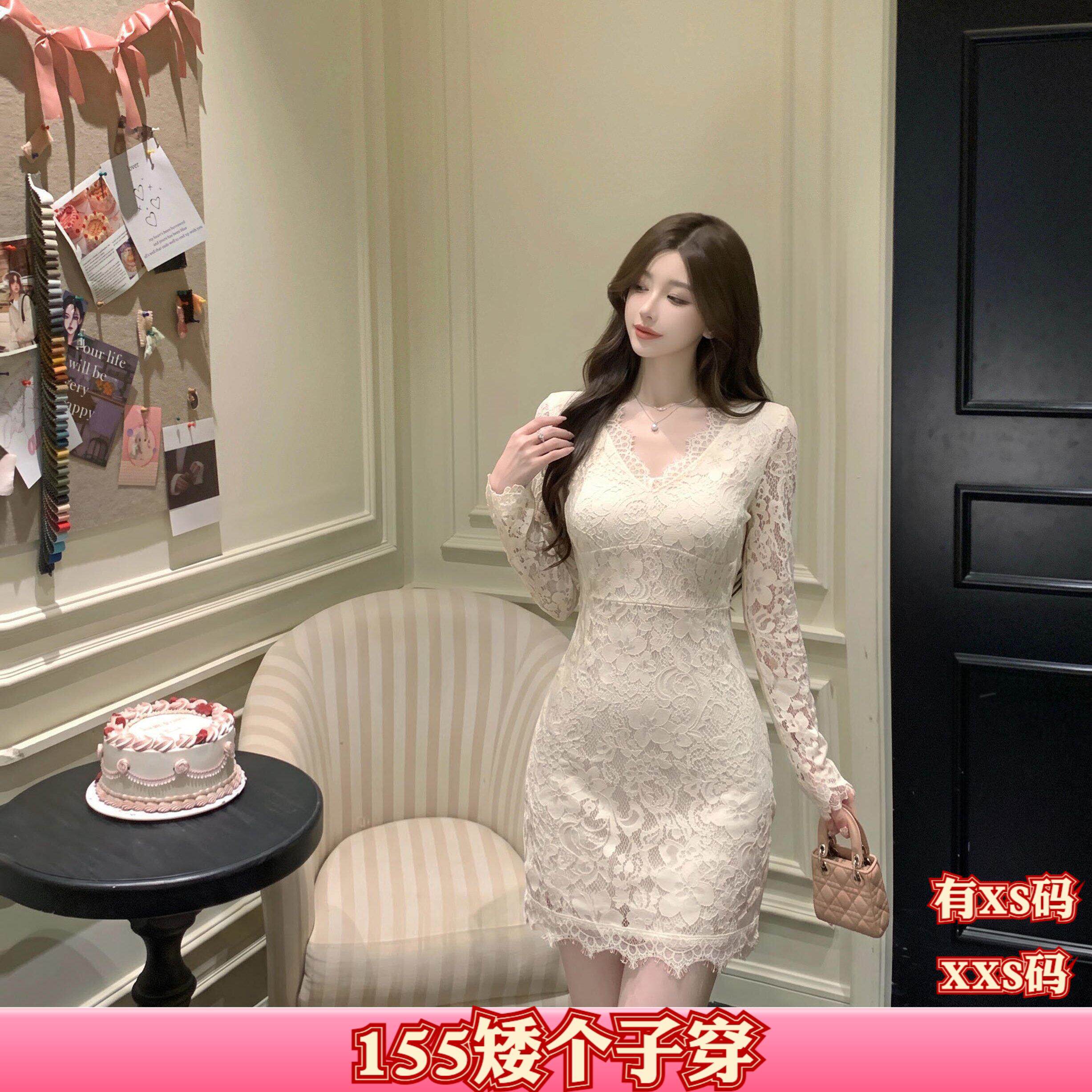 秋装加小码XXS女装150cm显高小个子蕾丝长袖连衣裙网纱裙套装百搭