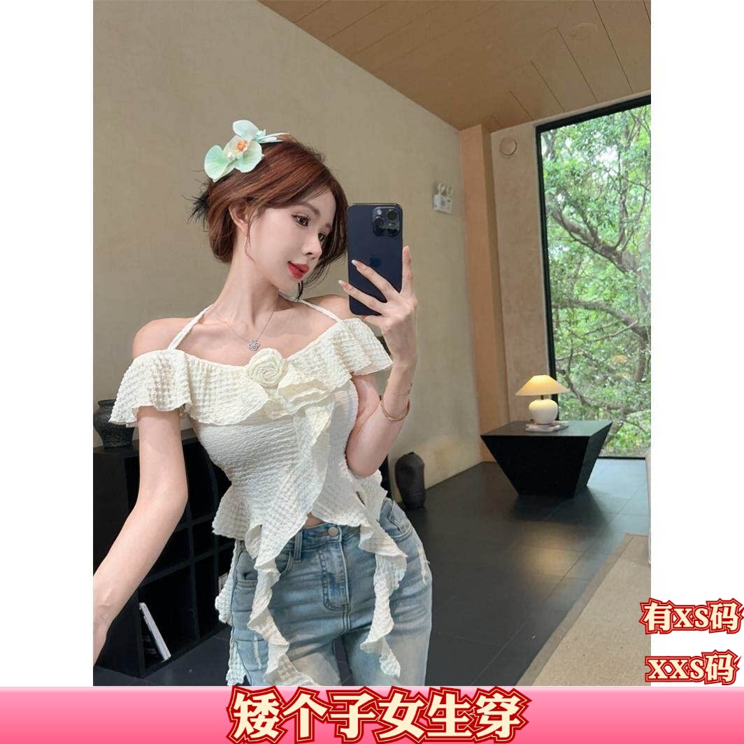 加小码XXS夏季女装小个子150cm显高一字领修身短款雪纺衫上衣女
