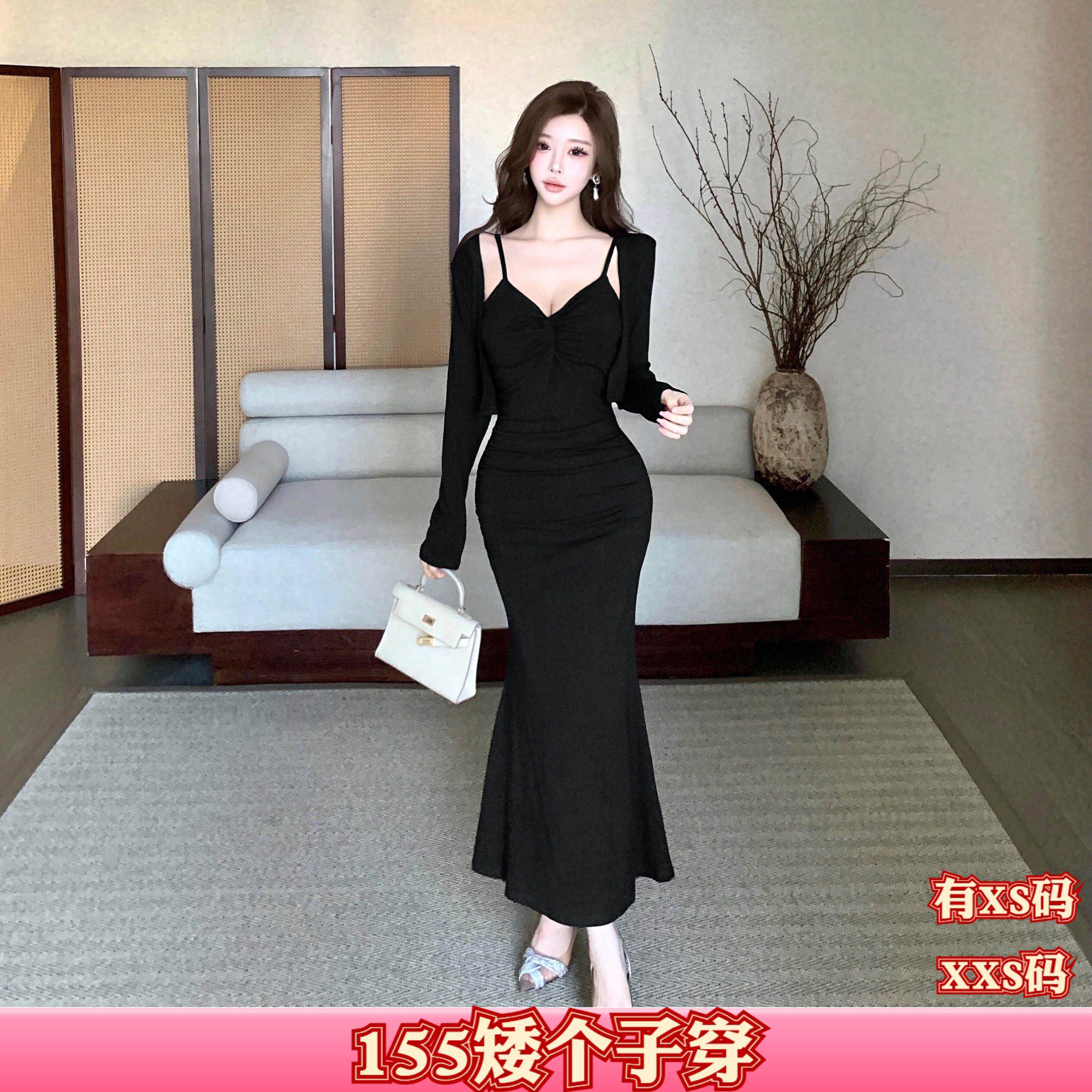 秋装女装加小码XXS150cm显高矮个子收腰吊带连衣裙长袖开衫两件套