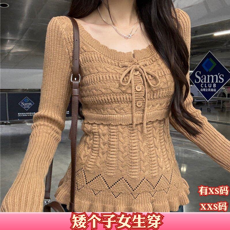 女装秋装小个子加小码XXS150cm显高镂空收腰长袖针织衫打底衫上衣