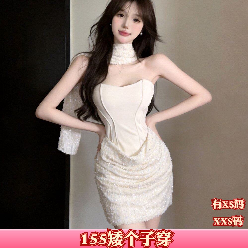 女装秋装150cm显高矮个子加小码XXS拼接抹胸辣妹收腰包臀连衣裙女