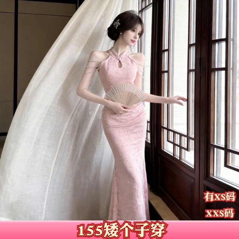 150cm显高秋装加小码女装小个子XXS式旗袍链条装饰蕾丝裙连衣裙女