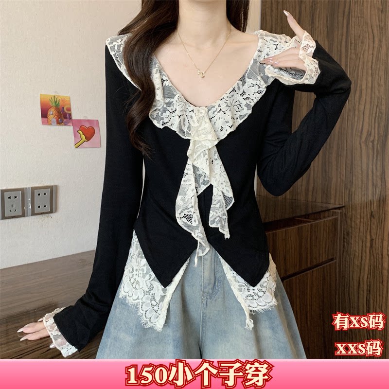 秋装加小码XXS女装150cm显高矮个子纯欲蕾丝拼接v领长袖T恤打底衫