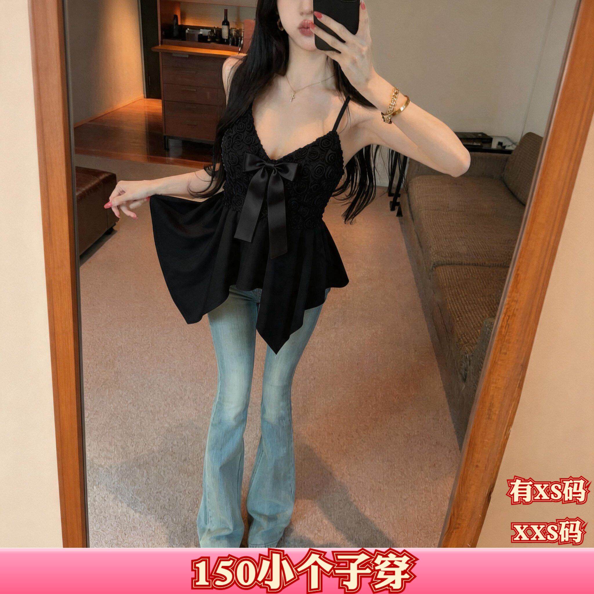 加小码夏季小个子150cm女装XXS显高蝴蝶结V领吊带不规则收腰裙摆
