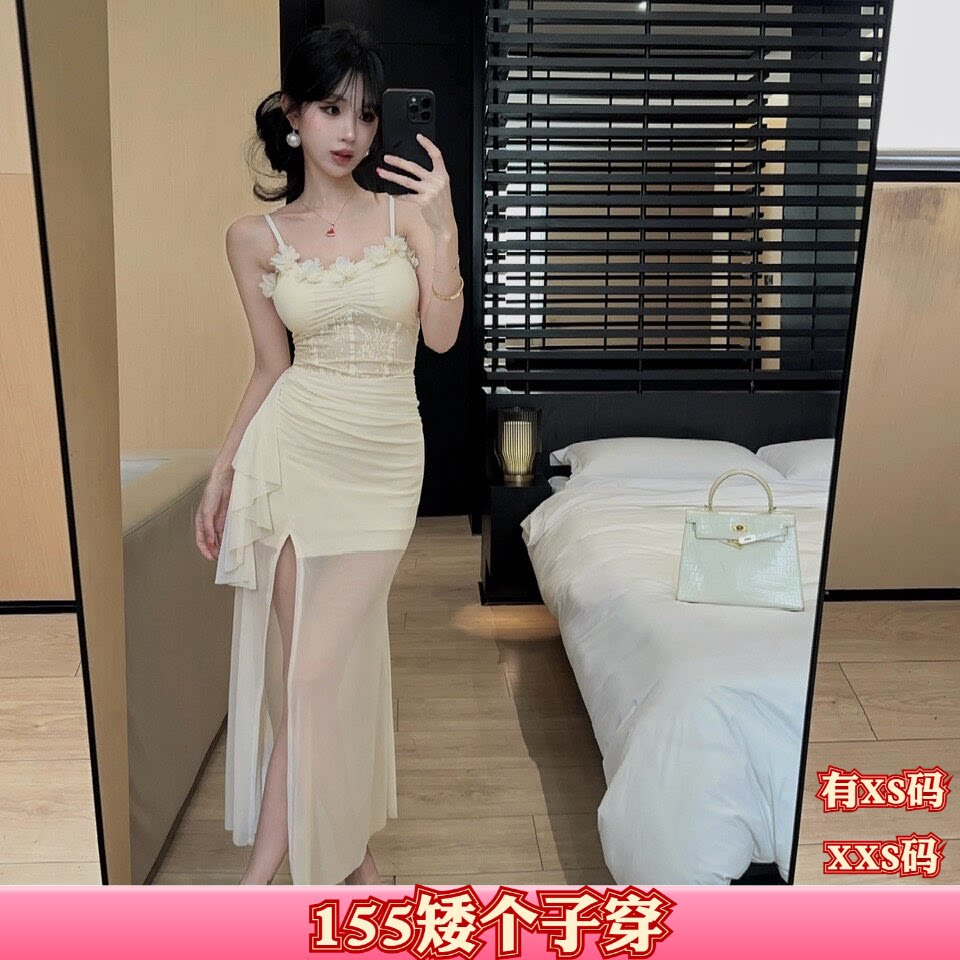 小个子秋季155搭配显高女装加小码XXS立体吊带连衣裙礼服裙时尚裙