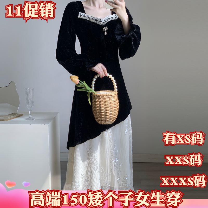 加小码XXXS秋季矮个子女装150cm显高假两件套蕾丝丝绒拼接连衣裙