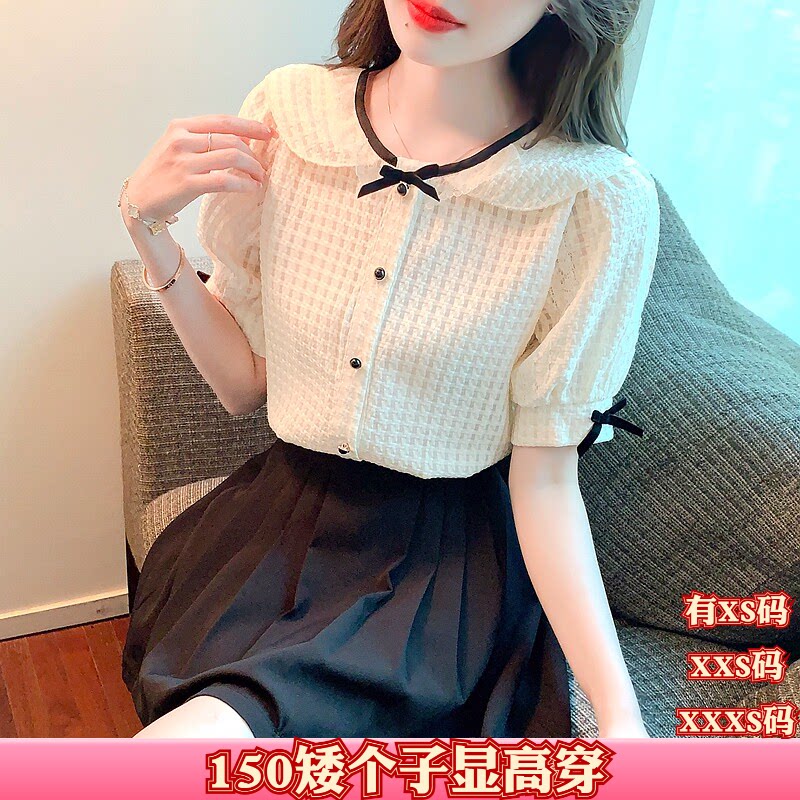夏装加小码女装150cm显高XXXS矮个子娃娃领蝴蝶结短袖雪纺衬衫女