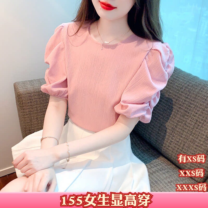 夏装150cm显高加小码女装矮个子XXS小衫泡泡袖雪纺女短袖T恤衬衫
