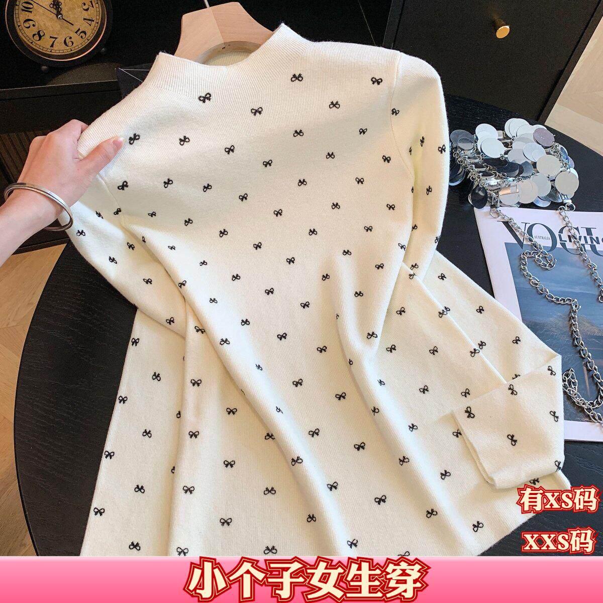 秋季155cm矮个子搭配XXS150女装领针织打底衫蝴蝶结长袖内搭上衣