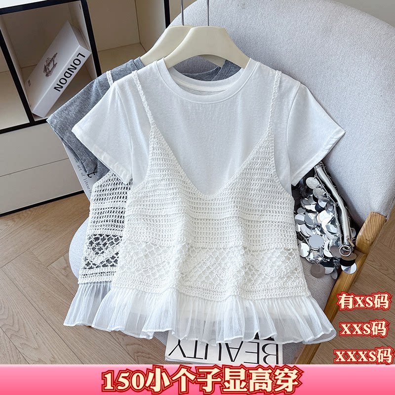150矮小个子夏装女装155cm显高加小码蕾丝V领吊带两件套短袖t恤女