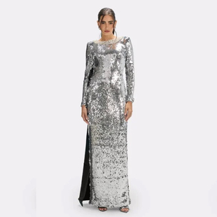 时尚亮片长袖礼服女银色开叉露背大蝴蝶结修身宴会年会晚礼服长裙
