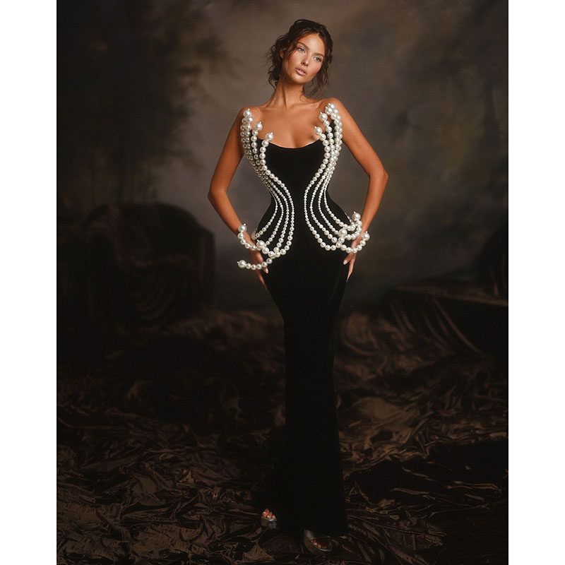 法式复古珍珠装饰生日派对晚礼服裙高级感抹胸重工鱼尾连衣裙女