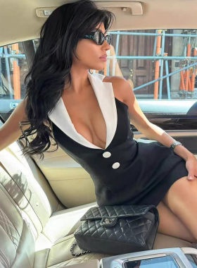 欧美性感撞色翻领挂脖连衣裙女