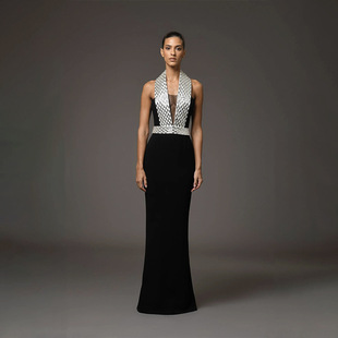 欧美高级感黑色钉钻露背挂脖连衣裙女气质小众轻奢名媛宴会晚礼服