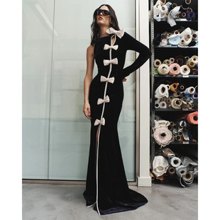 欧美晚宴风单肩长袖黑色蝴蝶结装饰修身宴会高级感小礼服连衣裙女