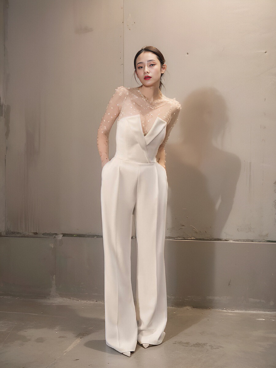 杏色网纱钉珠长袖连体连身裤+白色V领抹胸阔腿裤晚礼服两件套装女