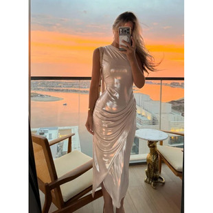 长裙女御姐风宴会礼服 欧美气质高级感小众飘带斜肩连衣裙女修身