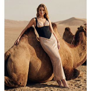 欧美性感度假风无袖亮片长裙女杏色拼色V领吊带礼服宴会晚装裙