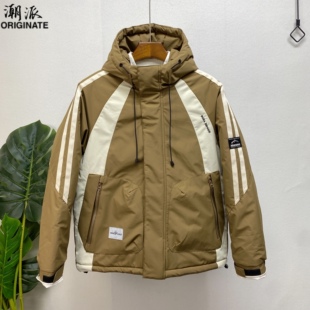 男士拼色棉服冬季新款潮流个性保暖外套青年时尚修身棉衣学生棉袄