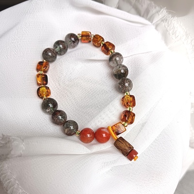 天然南红琥珀沉香五行喜木补木手链单圈手串送女友闺蜜原创款