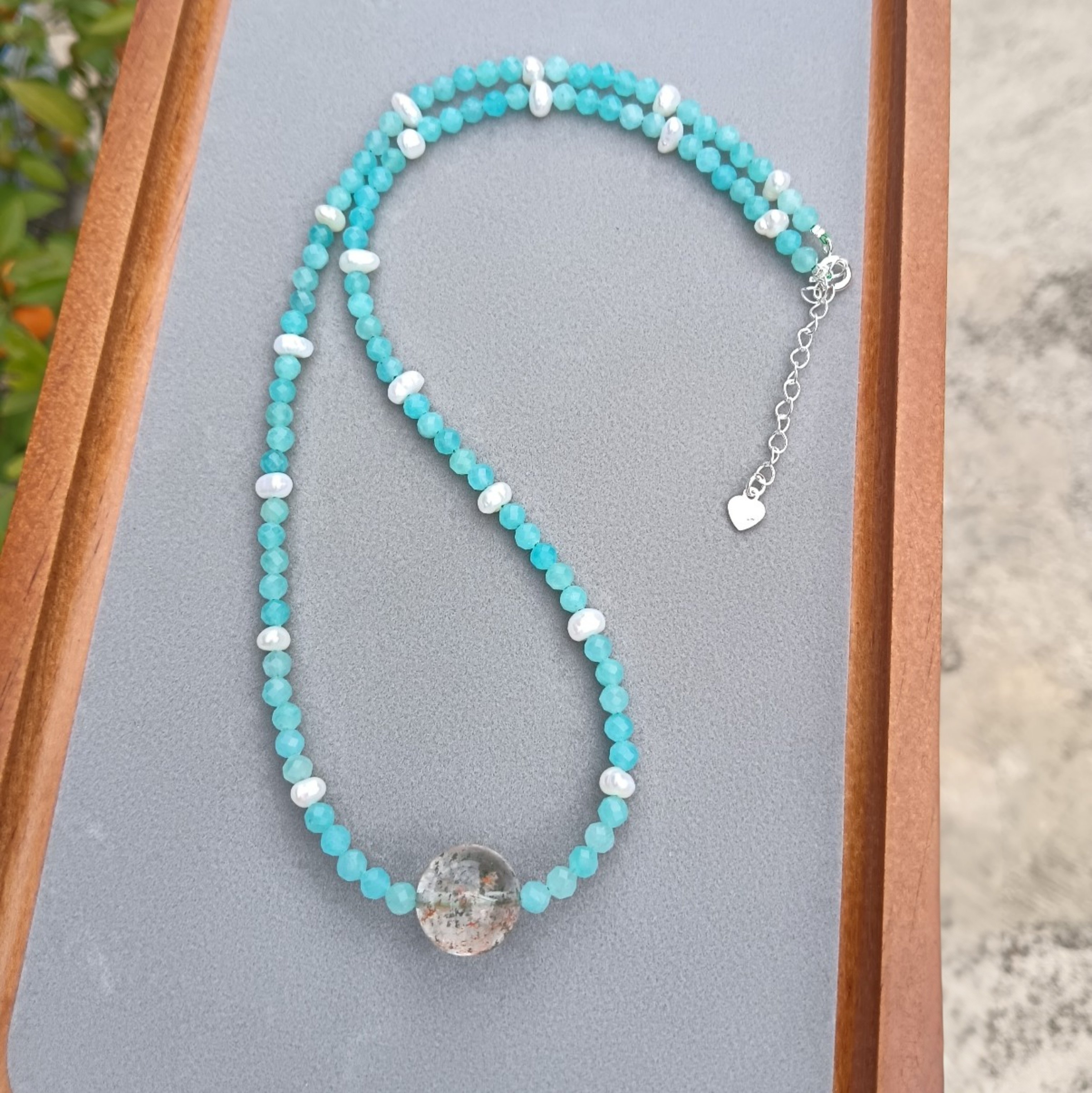 天然绿幽灵天河石珍珠项链女款毛衣链锁骨链颈链配饰礼物原创款