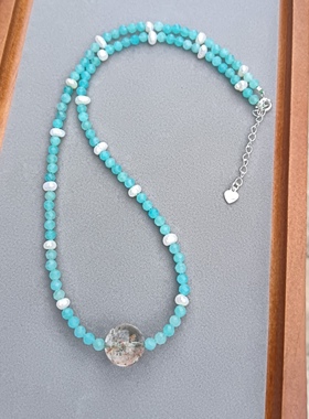 天然绿幽灵天河石珍珠项链女款毛衣链锁骨链颈链配饰礼物原创款